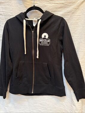 Rock Cellar Records Black Zip Hoodie with Cream Drawcords